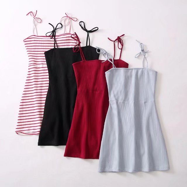 

2020 New Spring Dress A Style Shoulder Strap Stripe Dress Female Slip Strapless Temperament Short Dresses, Black