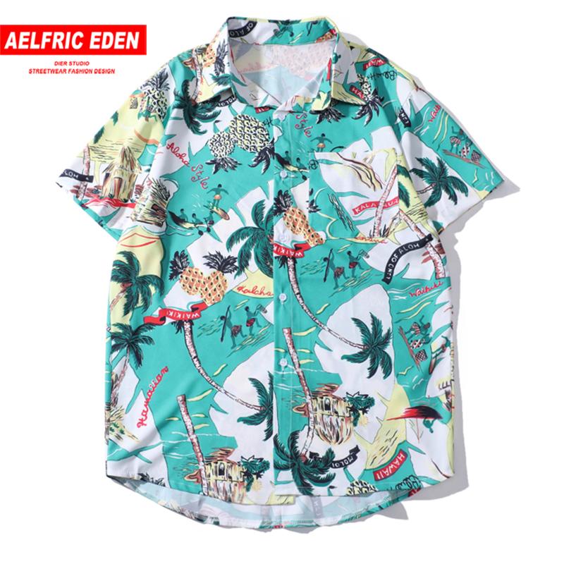 

Aelfric Eden Turquoise Oversized Hawaii Men Shirts 2020 Summer Beach Casual Loose Short Sleeve Streetwear hip hop print men tops