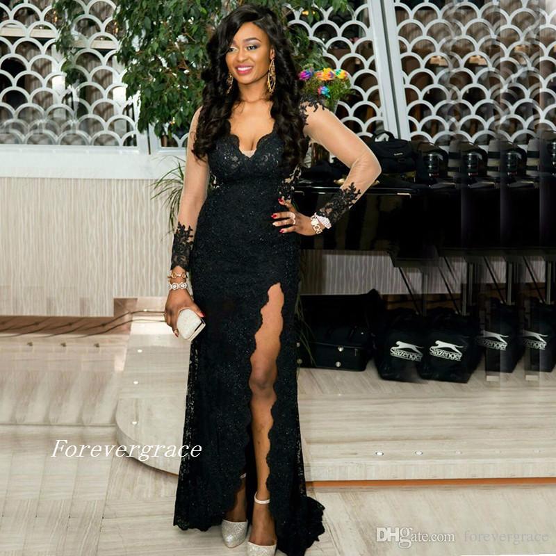 

2019 New Arrival Arabic Black Evening Dress High Split Long Sleeves Formal Party Gown Custom Made Plus Size, Dark green