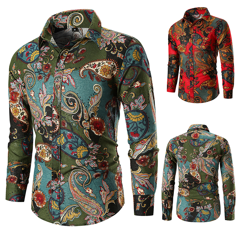 

Floral Flowers Print Shirts Mens Business Casual Shirt Men Dress Shirts Long Sleeved Shirt, Red