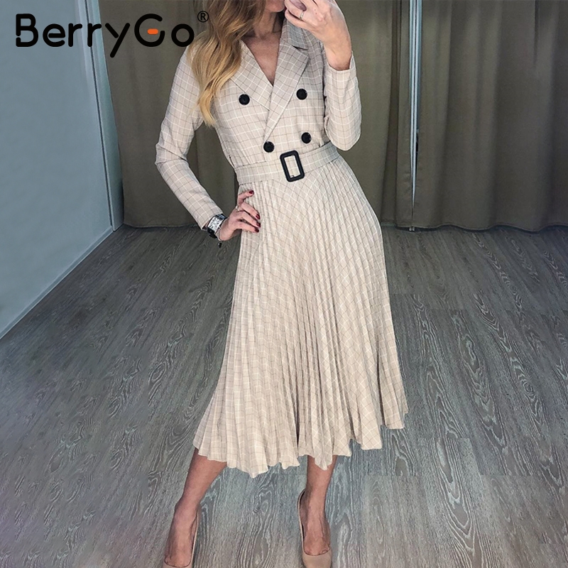 

BerryGo Autumn winter women blazer dresses vestidos Pleated plaid long dress elegant Office ladies high waist belt female robe, Gray