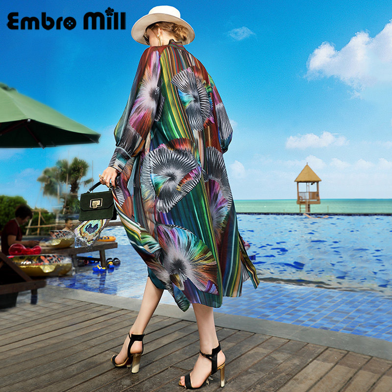 

High Quality Vintage Style Silk Print Open Stitch New Summer Stand Collar Long Sleeve Seaside Party Elegant Coat -XL, Multi