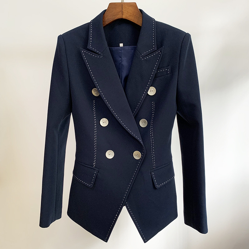 

High quality summer and autumn new solid color fashion pearl line double breasted Slim commuter woman blazer two colors, White
