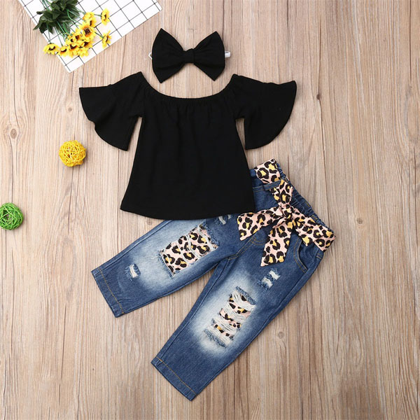 5588 Summer Baby Girls Set Girl Black Tshirt + Leopard Jeans + Bowknot Headband Kids Set Child 3pcs Outfits-image-547213075