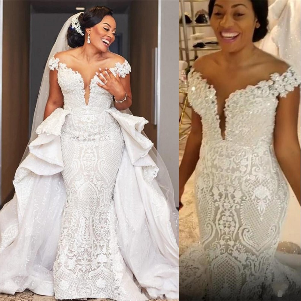 2020 New Bling African Mermaid Wedding Dresses Off Shoulder Lace Applique Crystal Sequins Detachable Train Plus Size Formal Bridal Gowns