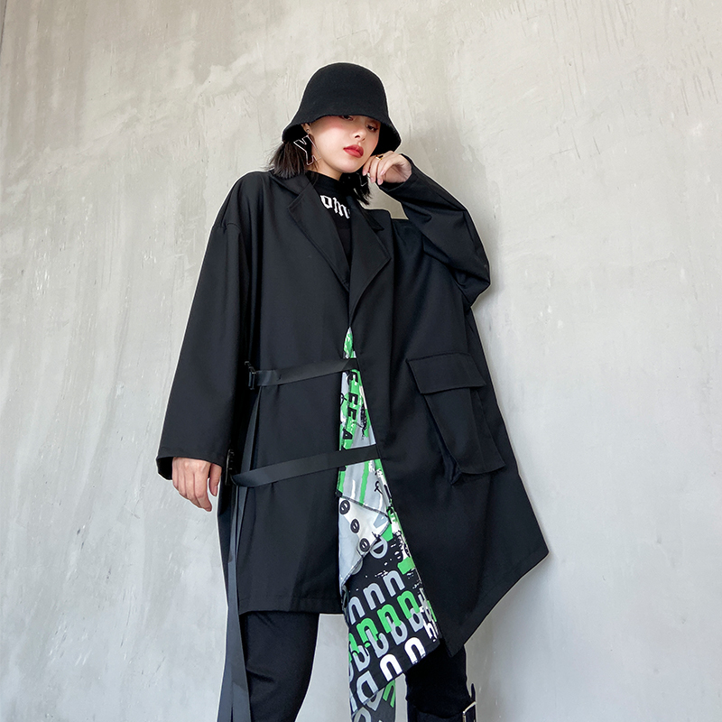 

iMucci 2020 Spring New Notched Collar Patchwork Hit Color Suits Coat Pocket Design Loose Casual Suits Safari Style TM1676, Black