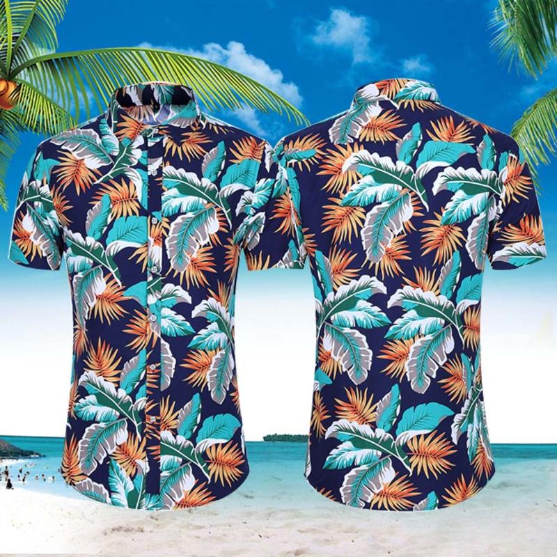 

Vintage Ethnic Style Men Shirt Printing Loose Cotton Short Sleeve Stand Collar Breathable Tops Hawaiian Shirts Men 2020#0428g30, Blue