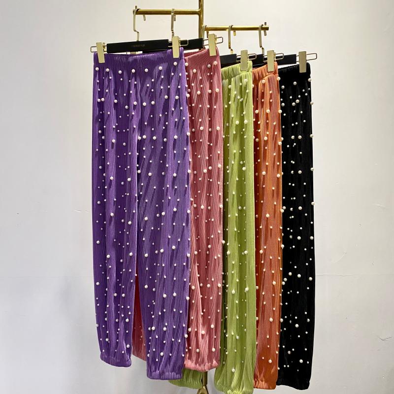 

2020 new particles pearl beads air thin pleated casual elastic waist color pants 0504, Black