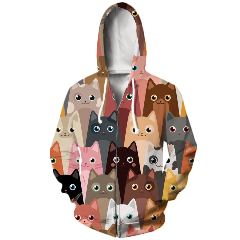

Men' Hoodies & Sweatshirts Fashion Men Zip Hoodie Cute Cat Pattern Collage 3d Print Unisex Casual Hooded Jacket, Gray