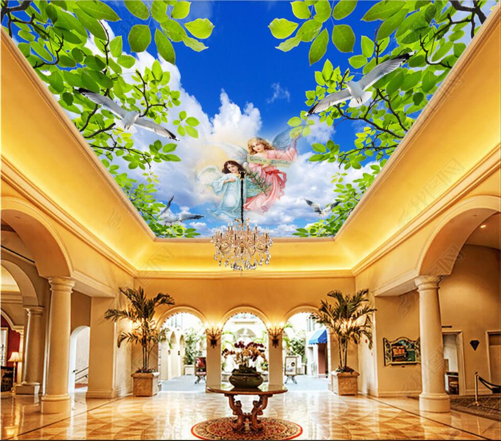 

3d ceiling murals wallpaper custom photo non-woven mural Blue sky and white clouds, beautiful angel ceiling, zenith mural, Green