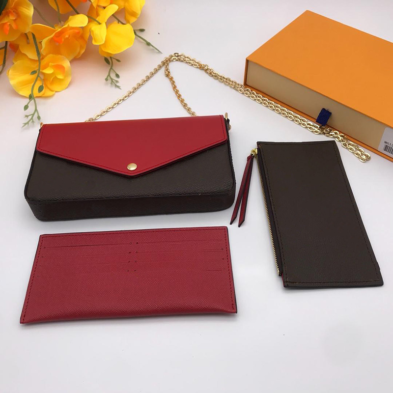 

Classic Women Designer Bags Printing Flowers 3 in 1 Chain Bag Real Leather Wallet Card Crossbody Purse Shoulder Messenger Wallets, Brown flower + black