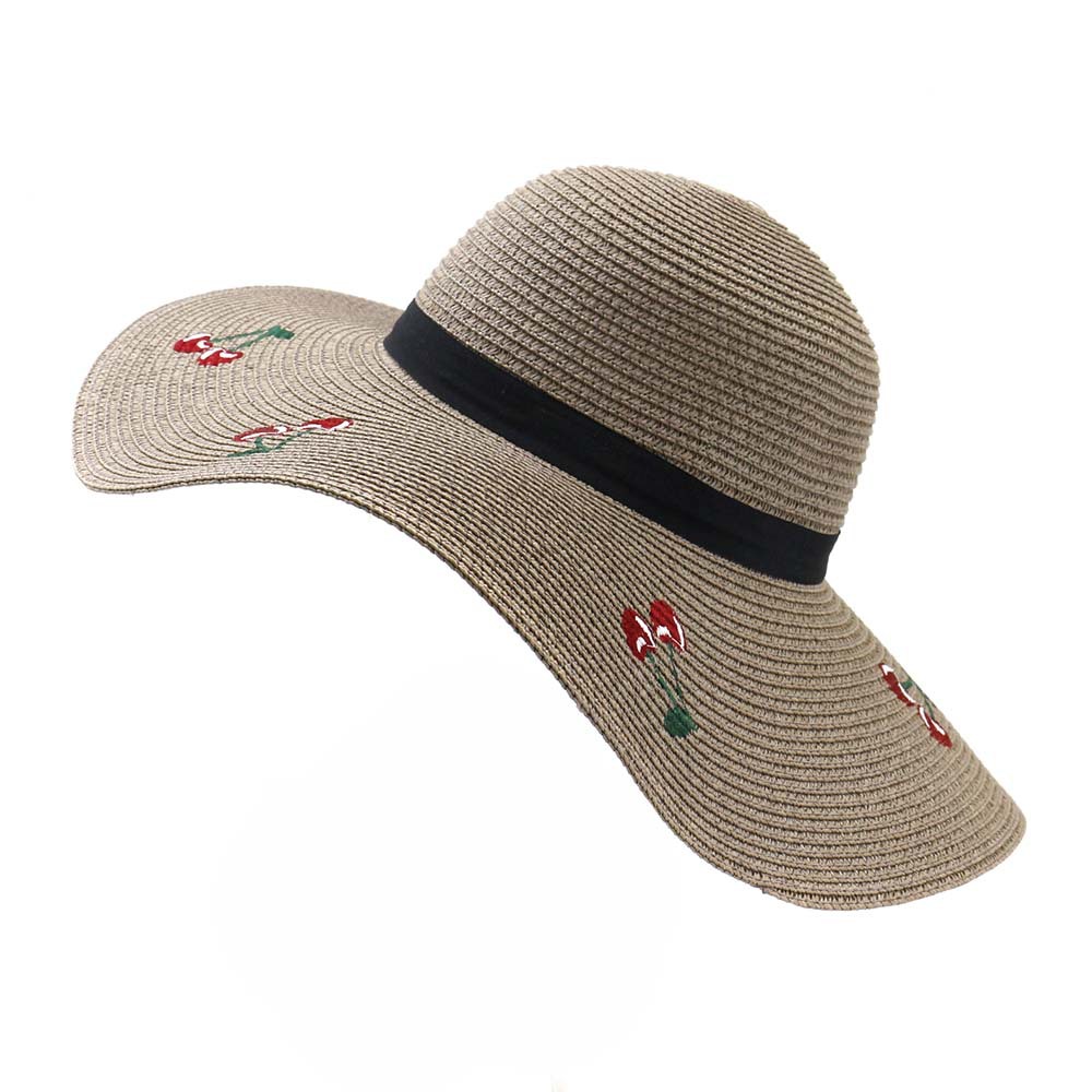 

Summer Women Foldable Sun UV Protection Sombrero Straw Hat with Embroidery Cherry Ladies Large Brim Beach Floppy Hat Sunhat, Dark grey