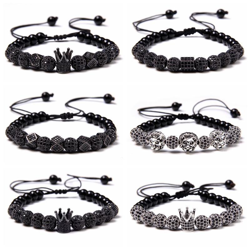 

Trendy Crown lion CZ Zircon Pave Weaving Bracelet Homme Men Women black metal Beads rope Bracelet Jewelry High Quality