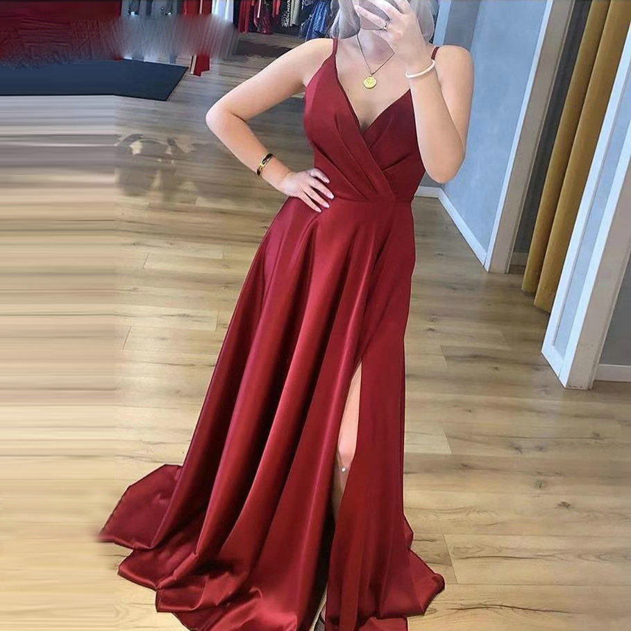 

2020 Burgundy Prom Dresses A Line Long Evening Party Gowns Satin Formal Dress