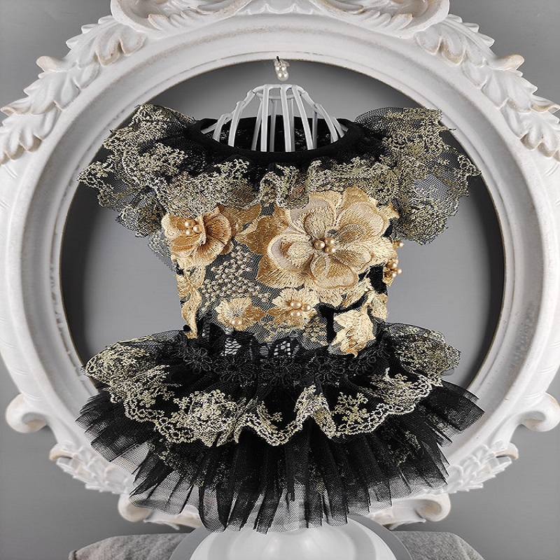 

Free shipping classic Black lace partysu gold flowers handmade cute dog dress pet clothes cat evening dress tutu