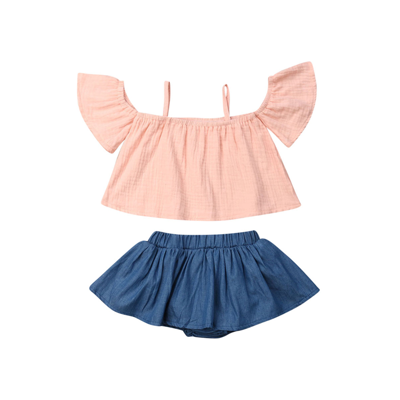 

2020 Baby Summer Clothing Newborn Infant Baby Girl Cotton linen Clothes Off Shoulder Top Ruffle Shorts 2Pcs Cute Outfit Set, Pink