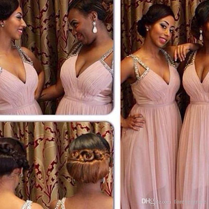 

2019 Cheap South Afraican Black Girls Long Pleats Bridesmaid Dress Deep V Neck Chiffon Formal Maid of Honor Gown Plus Size Custom Made