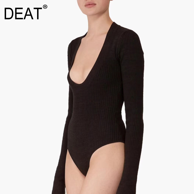 

DEAT 2020 new spring fashion women clothes deep low bust full sleeves high quality knitting pullover sweater WK31901L, Black