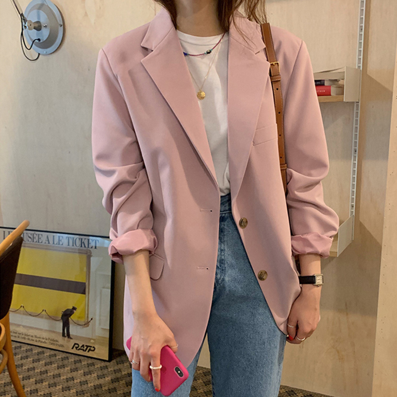 

New Spring Autumn Casual Classic Solid Single-breasted Blazer Women Elegant Loose Outwear Office Ladies Notched Collar Jacket, Pink