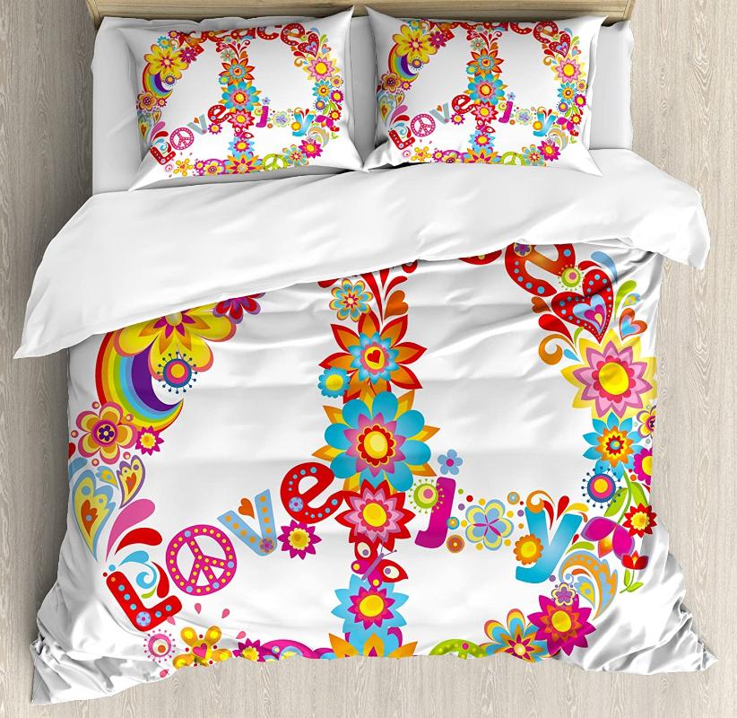 

70s Party Decorations Duvet Cover Set Peace Sign Colorful Flowers Rainbows Love and Joy Festive Bedding Set Multicolor, As pic