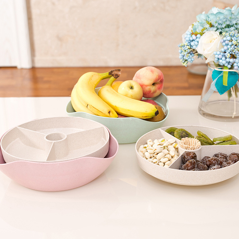 

Wheat Straw Double Layer Dried Fruit Plate Candy Plate Living Room Snack Fruit Tray Organizer Kitchen Storage Box