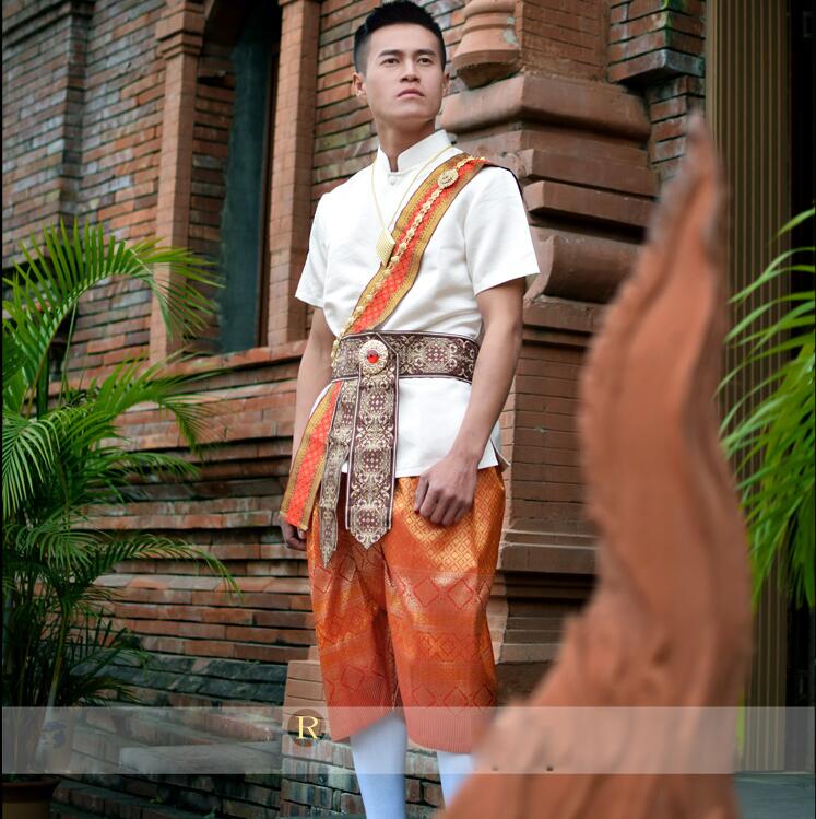 

Thai style Dai water sprinkling Festival clothes men Suits Shirt +Pants + waistband photo travel show summer Beige Orange Brown Outfit, Orange belt