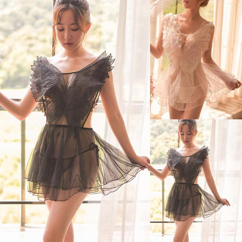 

Sexy Mesh Women Lingerie Nightwear Black White Lace Embroidery Wing V-Neck Sleeveless Sleepwear Mini Night Dress W3