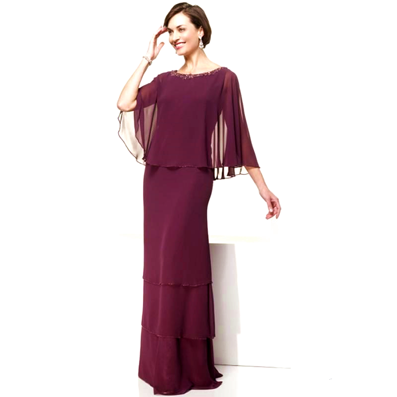 

Burgundy Chiffon Long Mother of the Bride Dress with Wrap Cape Beading Round Neck Floor Length Evening Wedding Party Guest Gowns