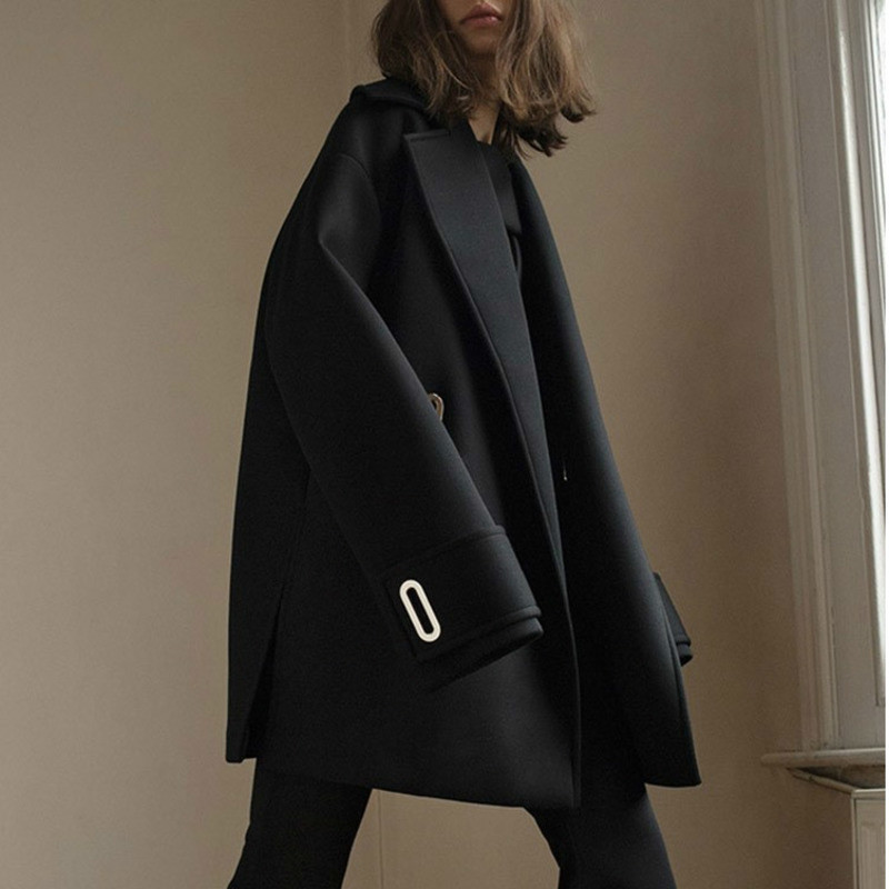 

2019 Autumn Winter New Fashion Trend Clothing Long-sleeved Solid Color Solid Color Lapel Super Long Sleeve Coat C369, Black