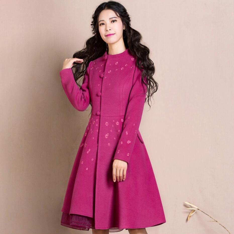 

2019 Autumn Winter Women Big Swing Woolen Jacket Single Breasted Overcoat women Long Sleeve Lace Patchwork Coat r1726, Rose