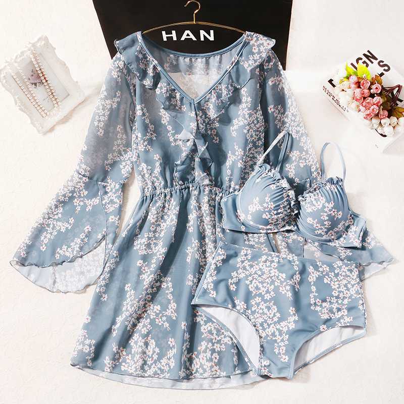 

2020 Women Push Up Bikini Set Printed Bathing Suit with Cover Up Swimsuit Summer Sexy Swimwear Biquinis Underwire Swimming Suits, Blue