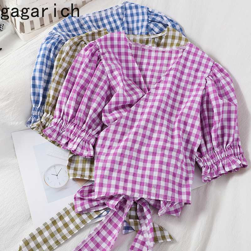 

Gagarich Women Plaid Blouse Summer Fashion Cross Straps Sweet Short Female Korean Wild Short Sleeve Students Casual Tops, Blue