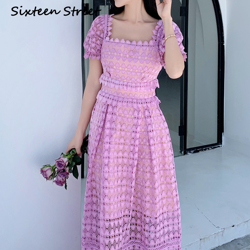 

Ligth Purple Lace Bellflower Dress Woman 2020 NEW Summer Short Puff Sleeve Square Neck Slim Vacation Holiday Dress Female Party, Lavender
