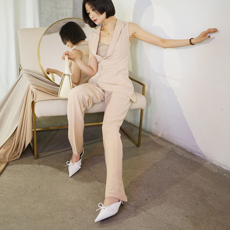 

Electronic original pure color show thin summer suit straight collar blouse cultivate morality pants suit, Navy blue