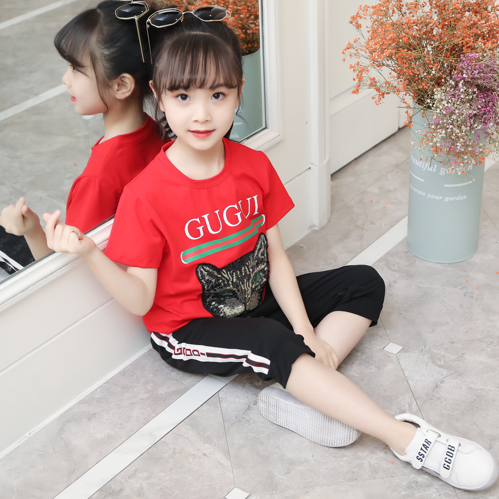 

High quality summer children's brand clothing set girls sports T-shirt + trousers cat head pattern design cotton breathable 3-8 years old, White