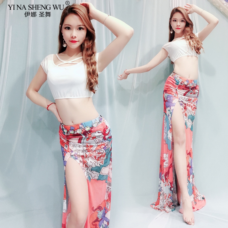 

New Belly Dance Costume Women Practice Suit Printing Flower Top+Skirt Oriental Dance Sexy BellyDancing Dress Performance Clothes, As picture 2pcs
