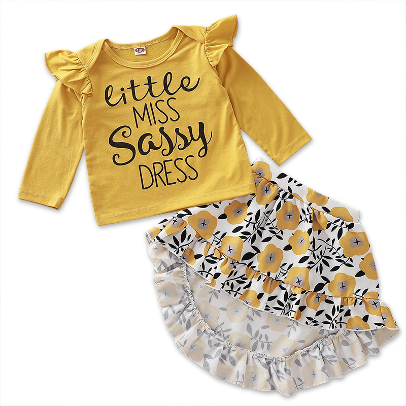 

Girls Yellow Long Sleeve Letter Print T-Shirt and Floral Print Skirt Set Baby Girl Spring Tops and Dress Suit Clothing Two Pieces ZHT 364, As picture