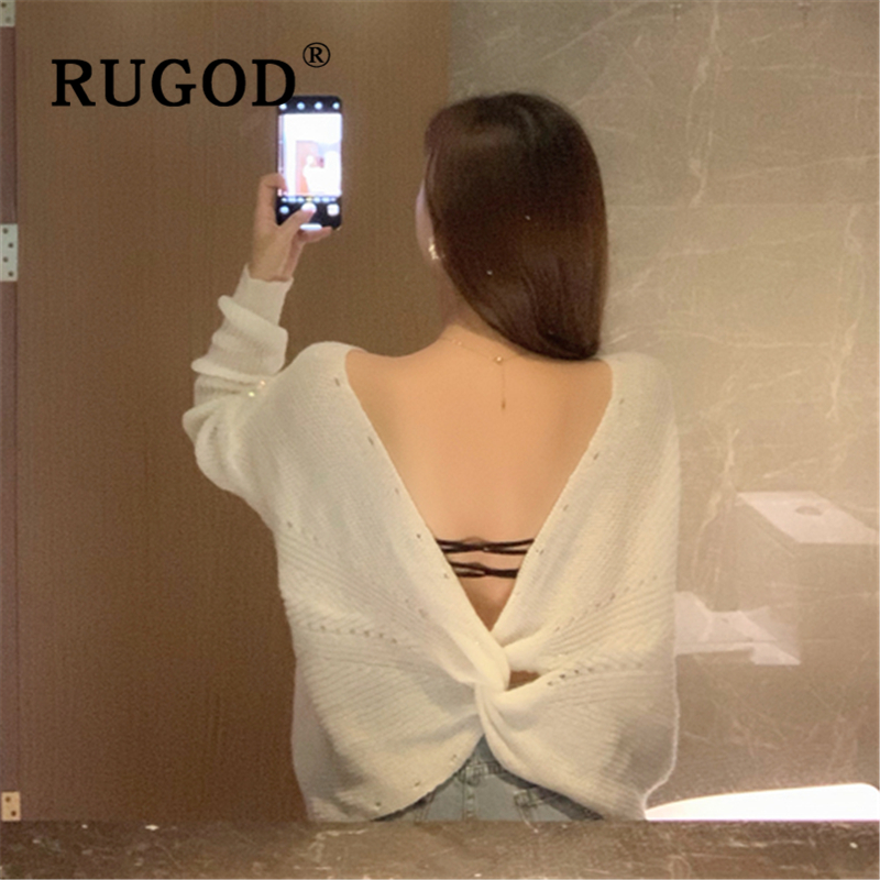 

RUGOD Elegant Sequins knitted sweater women Fashion ins round neck Cross backless sweaters female Casual oversized pullovers, White
