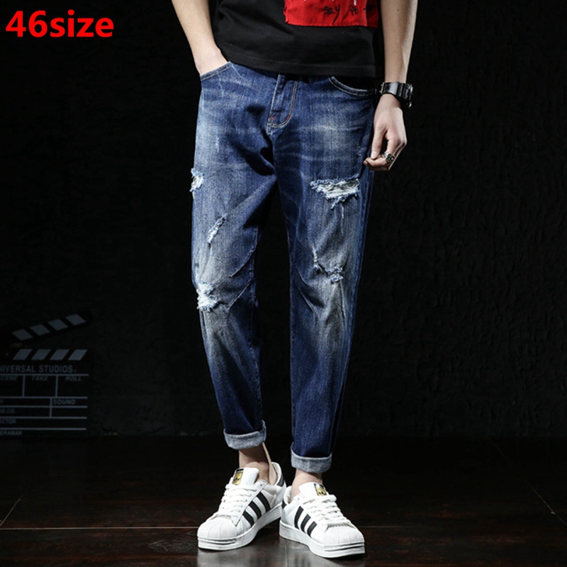 

Summer men's ankle-length jeans men's pants loose hole harem pants plus size XL jeans thin, Blue