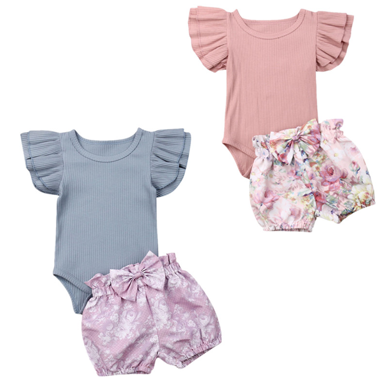 

Pudcoco Newborn Kid Baby Girl Infant Cotton 2pcs Clothes Ruffles Sleeve Romper Tops Pants Outfit Set, Blue