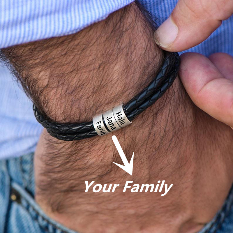 

Custom Stainless Steel Bead Charm Bracelets Genuine Leather Braided Rope For Women Men Bracelet With Personalise 1-9 Names Beads