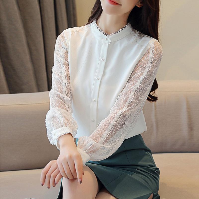 

Chiffon Blouses Women Casual Lace Loose V-neck Chiffon Shirt Long Sleeve Blouses Ladies Top 2020 New Hot Free Shipping Ropa Muje, White