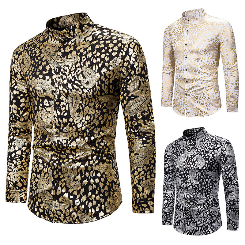 

Men' new style style personality long sleeve cashew bronzed printing business shirt in European and American sizes XXL, Gold
