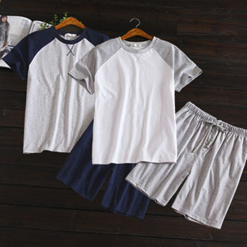 

Summer Thin Style 100% Cotton Men Short-Sleeved Shorts Homewear Suit Korean Color Matching Pajamas Suit Casual Home Clothing