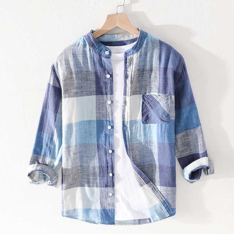 

Three-quarter sleeved stand collar summer linen shirts for men casual cotton brand shirt mens fashion comfortable shirts male, Blue