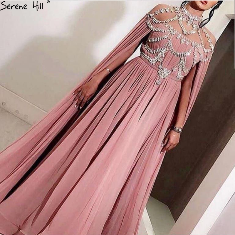 

Dubai Pink High Collar Chiffon Evening Dresses Design Diamond Sleeveless Beach Evening Gowns 2019 Serene Hill LA60736