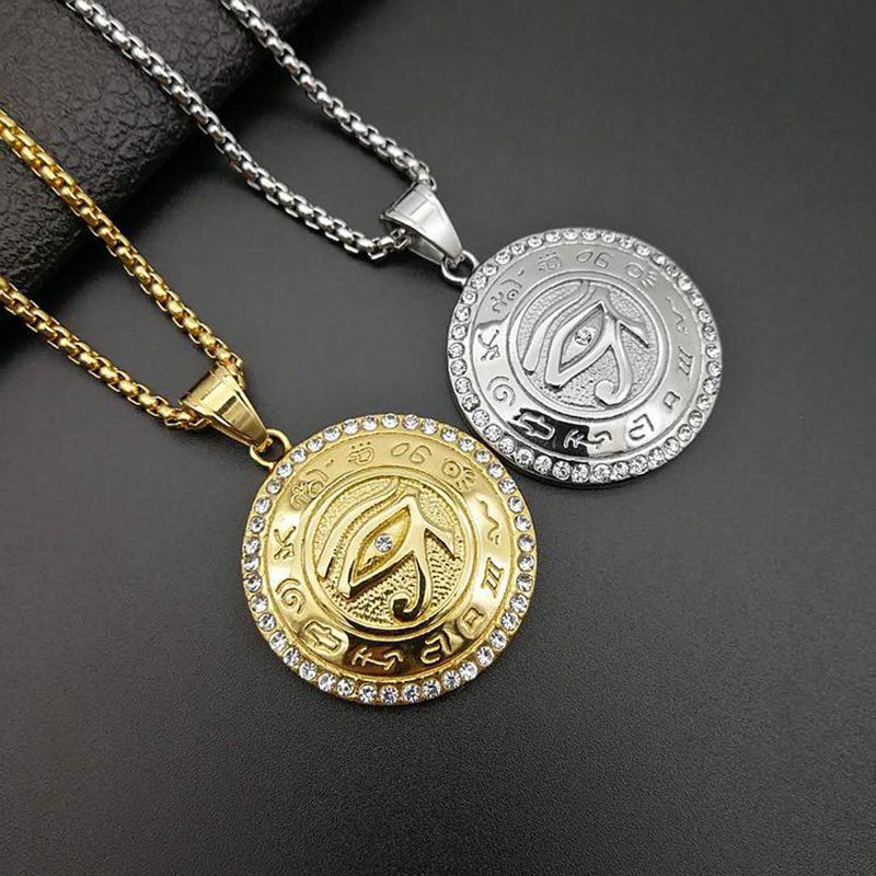 

Hip Hop Rhinestones Paved Bling Stainless Steel Horus Eye Round Pendant Necklace for Men Jewelry Drop Shipping