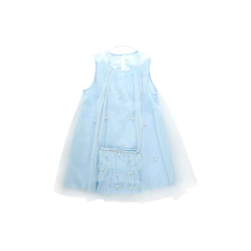 

2017 Fashion Cute Infant Baby Girl Sleeveless O-Neck Straight Blue Beading Lace Dress Sundress With Bag Outfit Summer Party 1-7Y, As pic