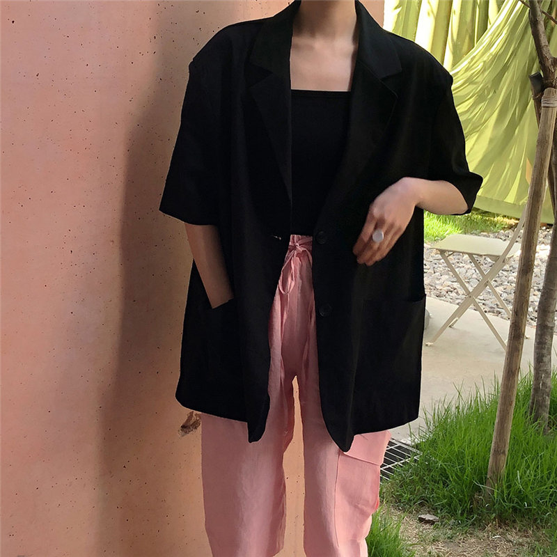 

HziriP Summer Office Ladies Fashion Vintage Blazers Women Retro 2019 Chic Simple Short Sleeves Cotton Loose All Match Blazer, White