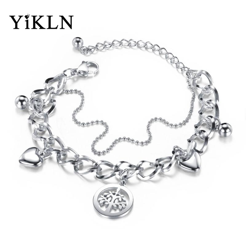 

YiKLN Trendy Double Layer Stainless Steel Love Heart & Tree Charm Bracelets For Women Girls Bohemia Chain Link Jewelry YOGS1037